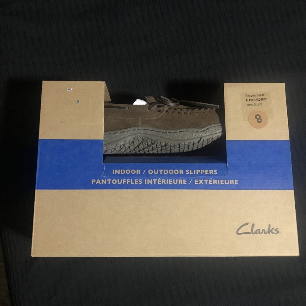 Clarks Men’s Genuine Suede Plaid Lined Moccasin Slippers Shoes Brown, Size 8 - Picture 2 of 4